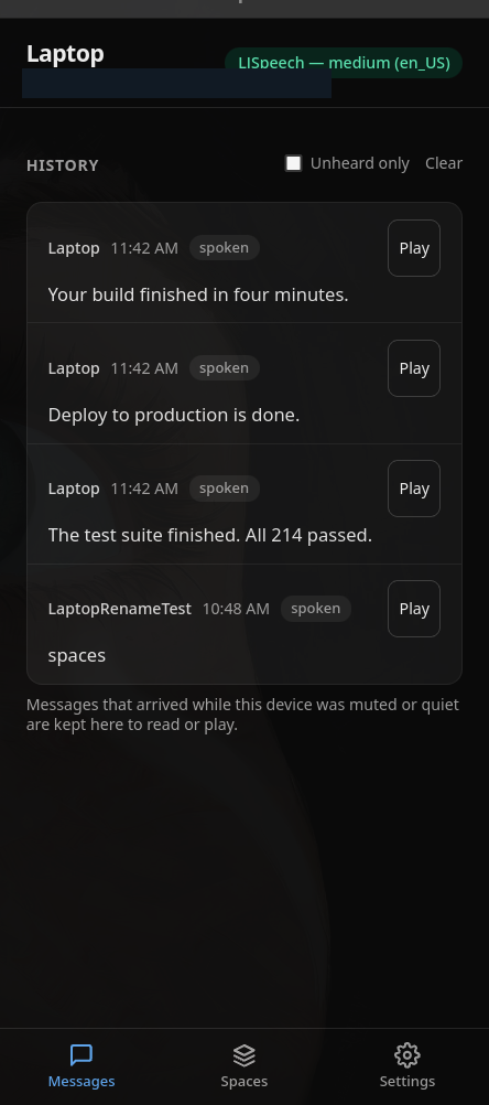The clispeak app showing its message history, with a spoken message and a play button.