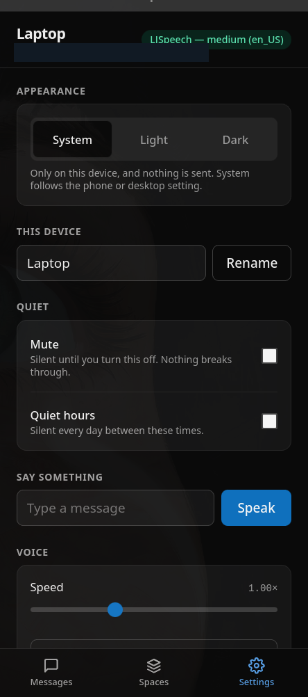 The clispeak app settings, showing appearance, device name, mute, quiet hours and voice speed.