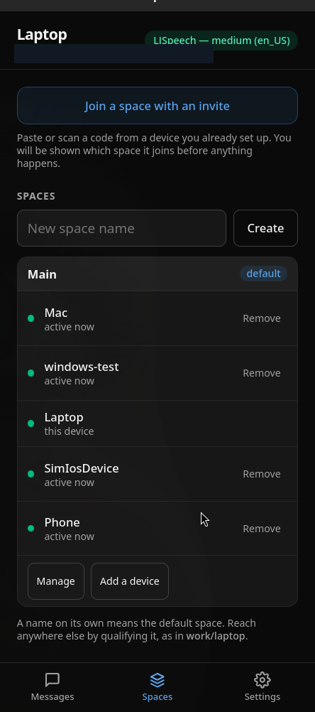 The clispeak app showing a space named Main with five paired devices, each marked active now.